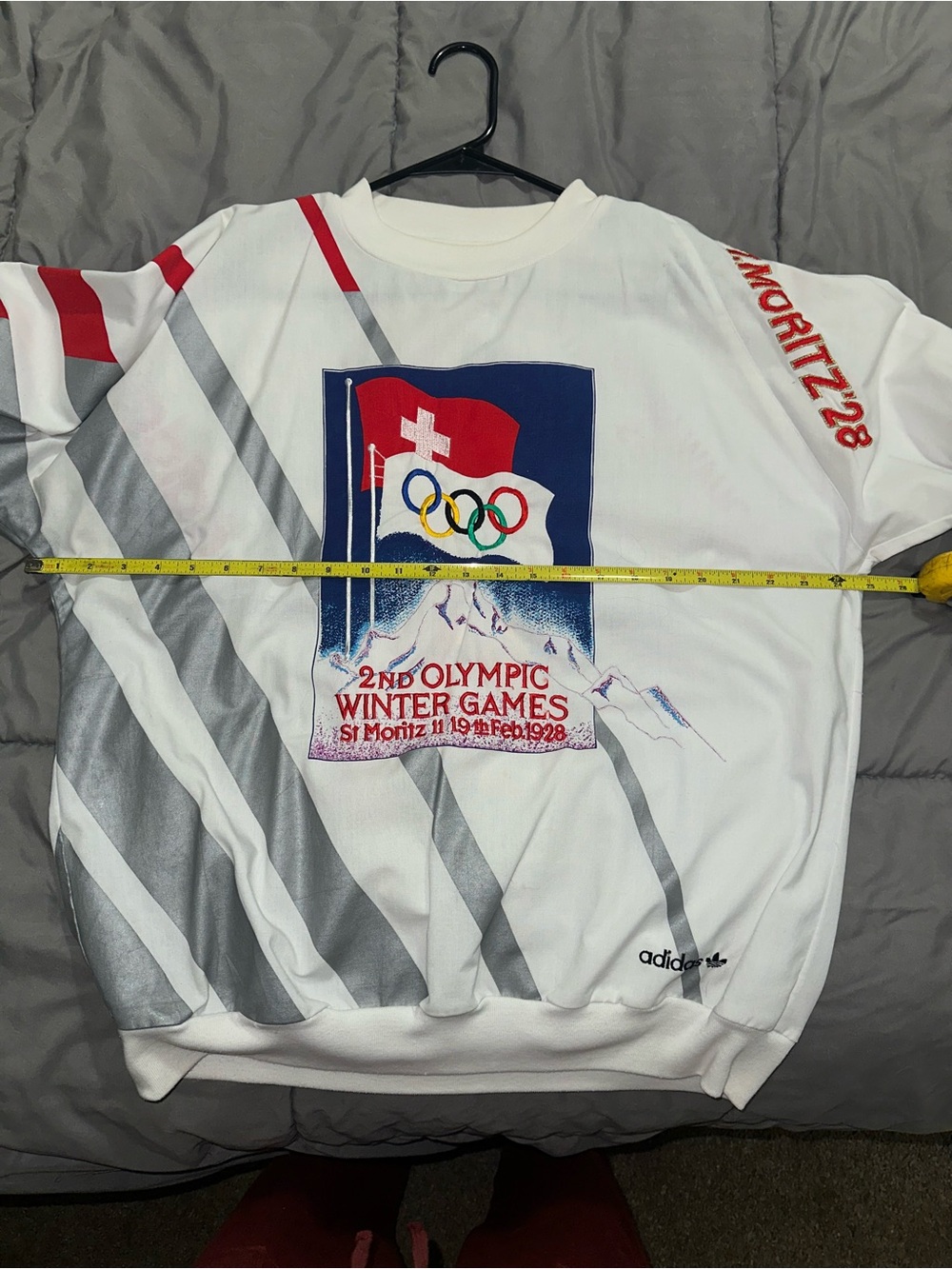 adidas White Crewneck Sweatshirt with Olympic Graphic and Red Accents